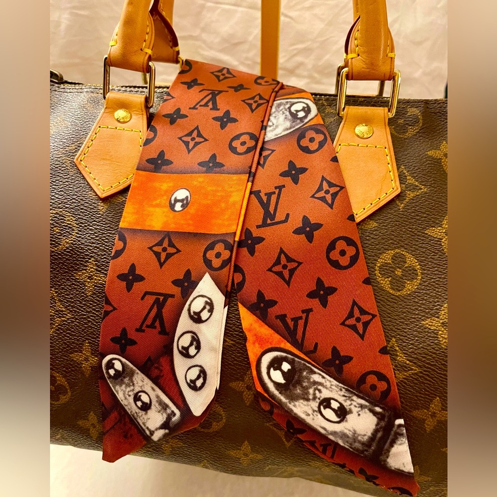 Orange Black Brown Monogram and Chains Print Twilly Bandeau Wrap Scarf